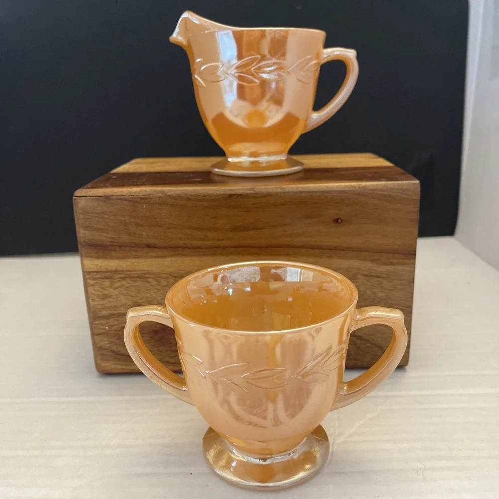 Fire King Oven Ware Peach Luster / Laurel Leaf Cream and Sugar Bowl Set Vintage